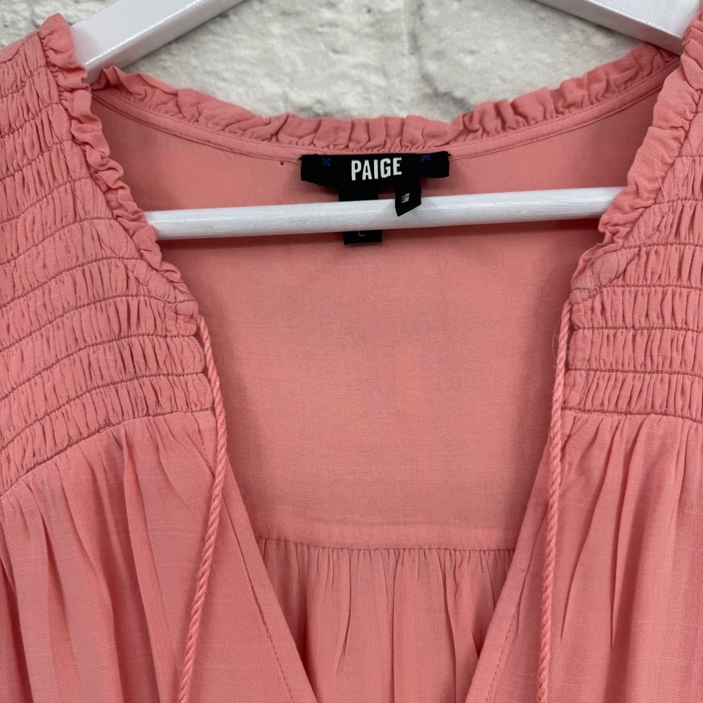 PAIGE Christina Smocked Tiered Ruffle Mini Dress Peach Tree Size L - Picture 8 of 16
